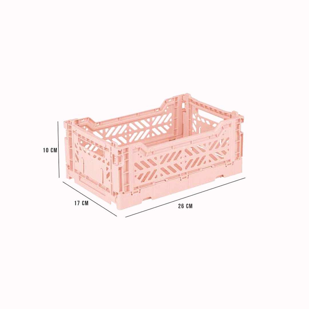 Dimensions for Mini Milk Tea Folding Crate from Aykasa. This crate is made from 100% recyclable material and can be folded flat when not in use. It's perfect for holding books, toys, clothes, or anything else you want to organise. 
