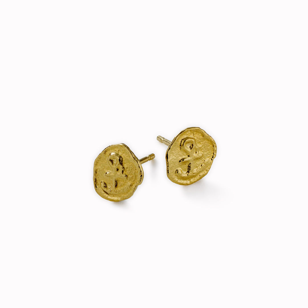 The Mudlarked Anchor Token Stud Earrings are available in 22ct gold plated silver or sterling silver stud earrings.