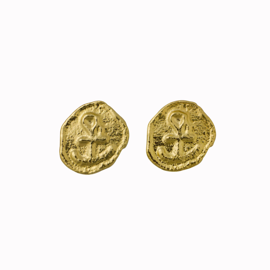 The Mudlarked Anchor Token Stud Earrings are available in 22ct gold plated silver or sterling silver stud earrings.
