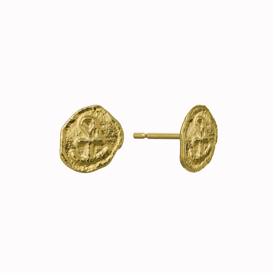 The Mudlarked Anchor Token Stud Earrings are available in 22ct gold plated silver or sterling silver stud earrings.