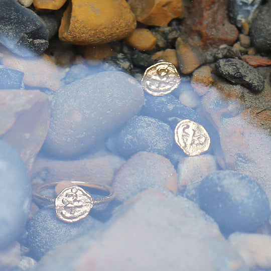 The Mudlarked Anchor Token Stud Earrings are available in 22ct gold plated silver or sterling silver stud earrings.