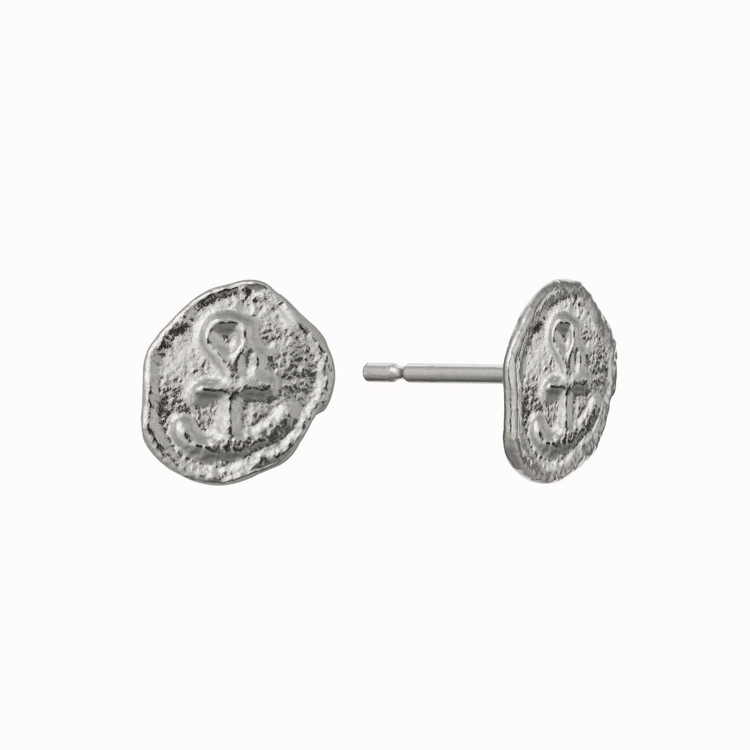 The Mudlarked Anchor Token Stud Earrings are available in 22ct gold plated silver or sterling silver stud earrings.