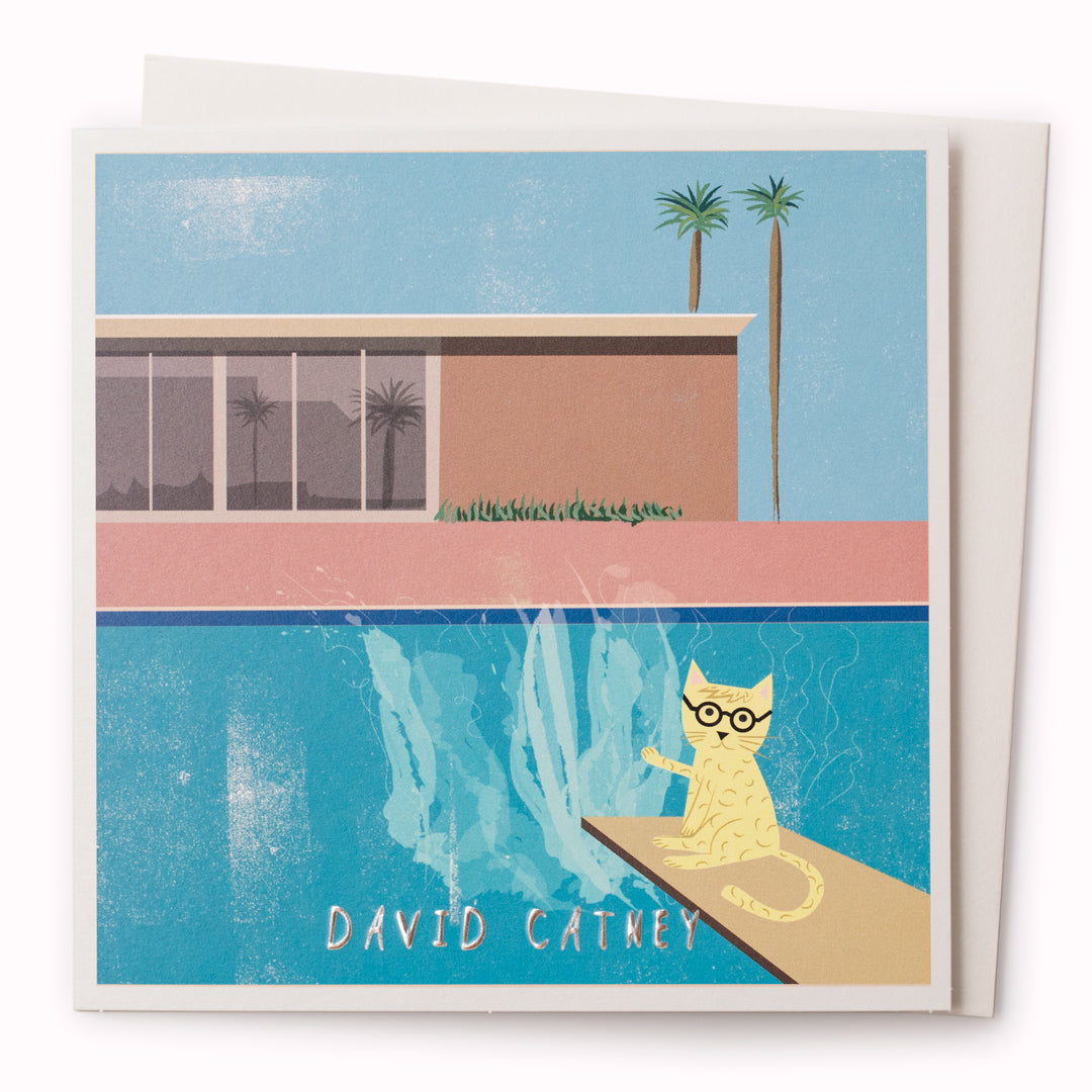 Niaski's 'Cats in Art' card no.04 is a humorous feline interpretation of Hockney's classic, 'The Splash', now reimagined as 'David<em> Catney</em>.'
