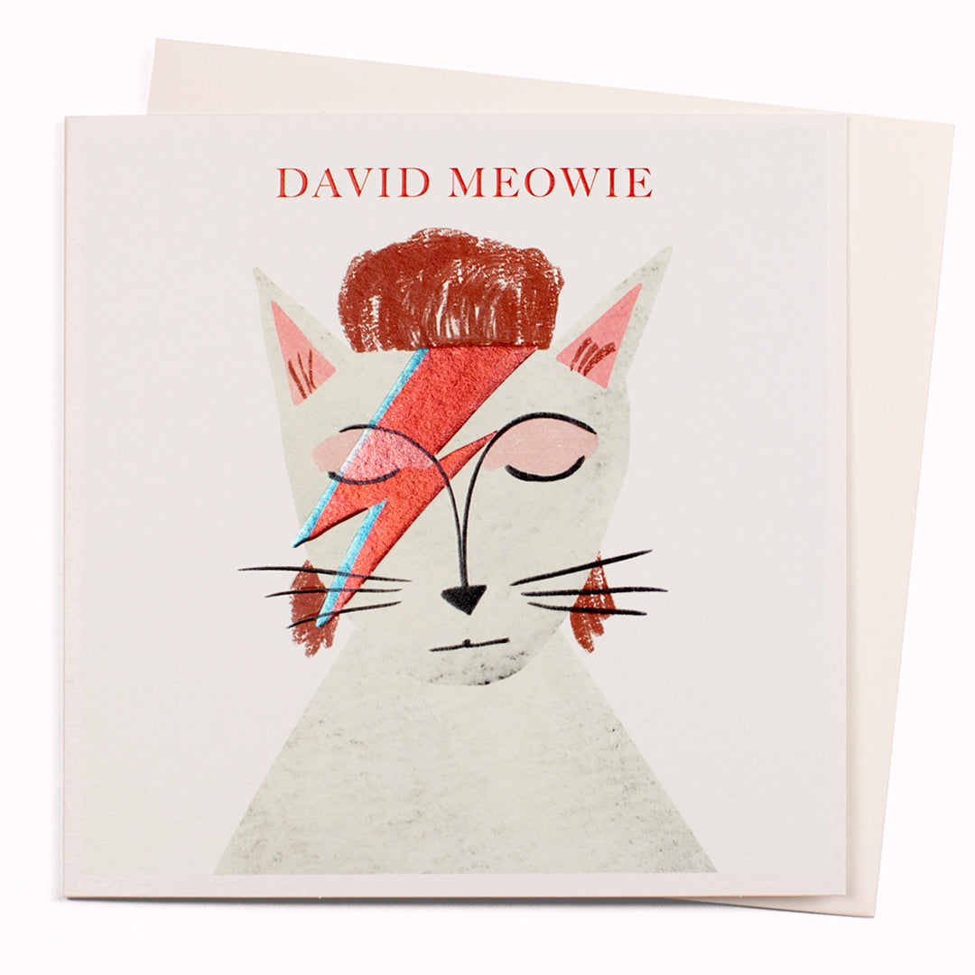 David Meowie' is an illustrative greeting card of a white cat with David Bowie's Aladdin Sane styling.