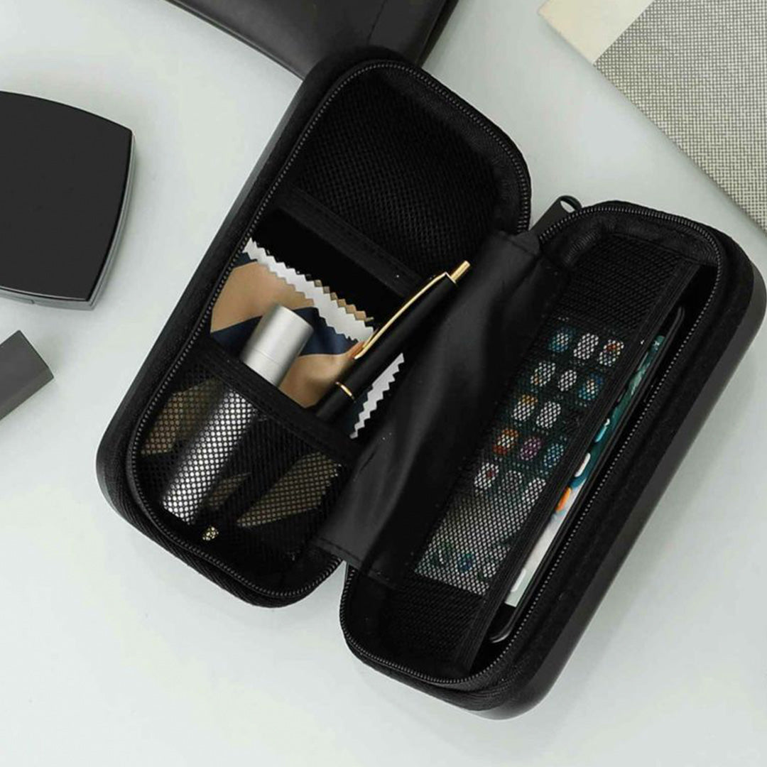 Nahe Hard-Shell Case in bright yellow by Japanese stationery brand Hightide Penco.  Open