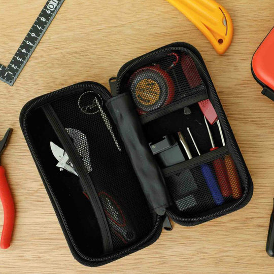 Nahe Hard-Shell Case in bright yellow by Japanese stationery brand Hightide Penco.  Shown Open with contents