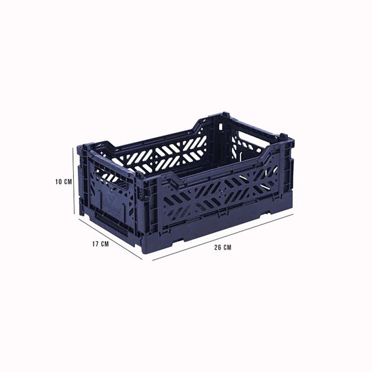 Dimensions for Navy Mini Folding Crate from Aykasa. This crate is made from 100% recyclable material and can be folded flat when not in use. It's perfect for holding books, toys, clothes, or anything else you want to organise. 