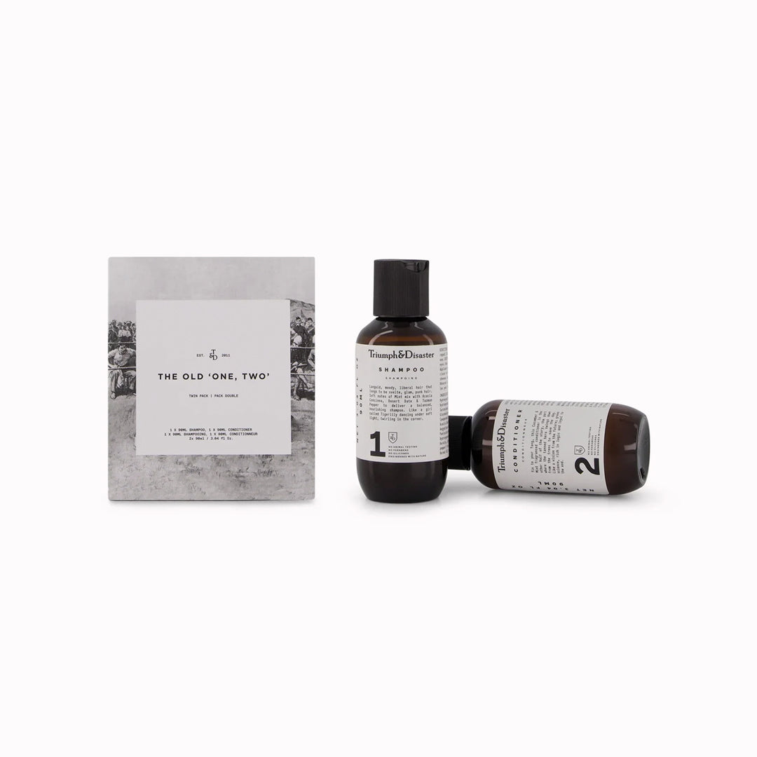 A travel duo containing Triumph & Disaster's No 1 Shampoo and No 2 Conditioner in a convenient 90ml boxed travel size set.