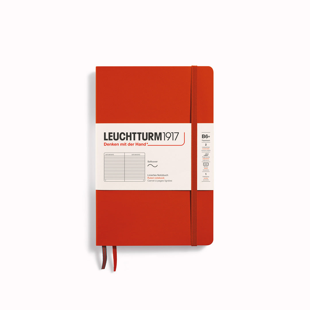 The B6+ Hardcover Lined Notebook features 2 page markers, a blank table of contents, numbered pages, a gusseted pocket for loose notes and business cards