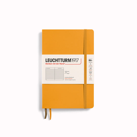 The B6+ Hardcover Lined Notebook features 2 page markers, a blank table of contents, numbered pages, a gusseted pocket for loose notes and business cards