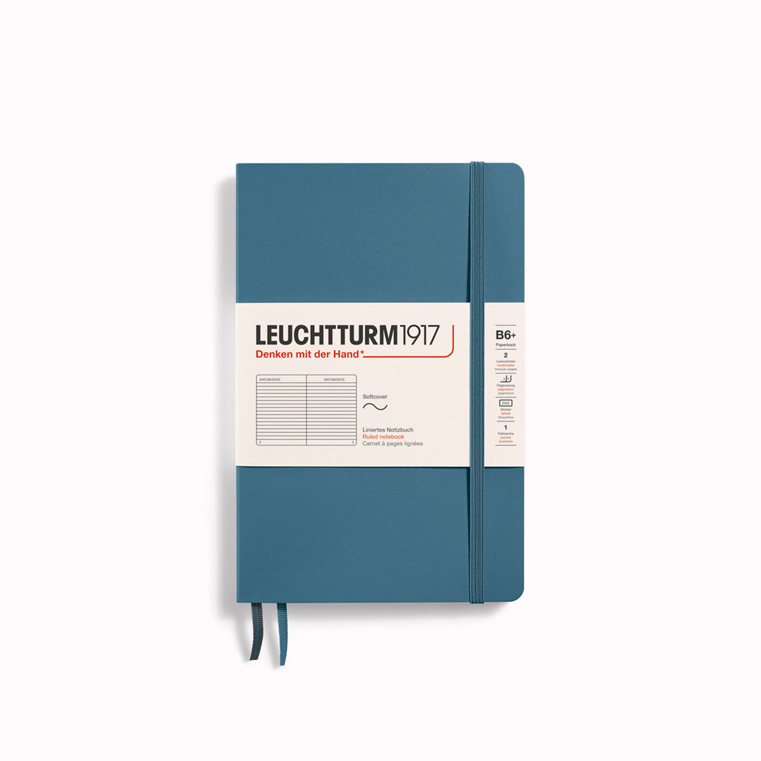 The B6+ Hardcover Lined Notebook features 2 page markers, a blank table of contents, numbered pages, a gusseted pocket for loose notes and business cards