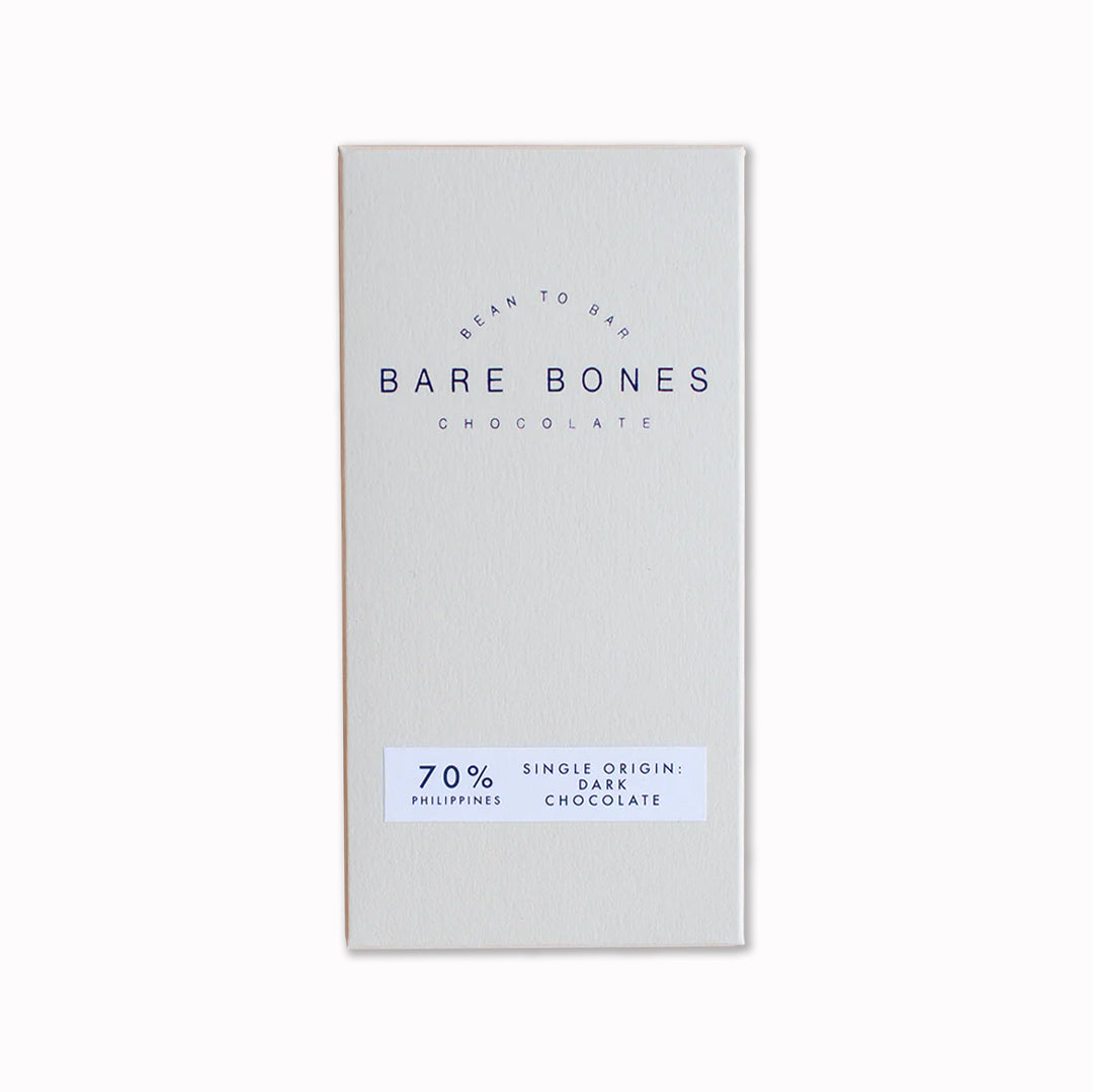 Single-origin Philippines 70% dark chocolate with taste notes of pecan pie and crème brûlée from Bare Bones Chocolate