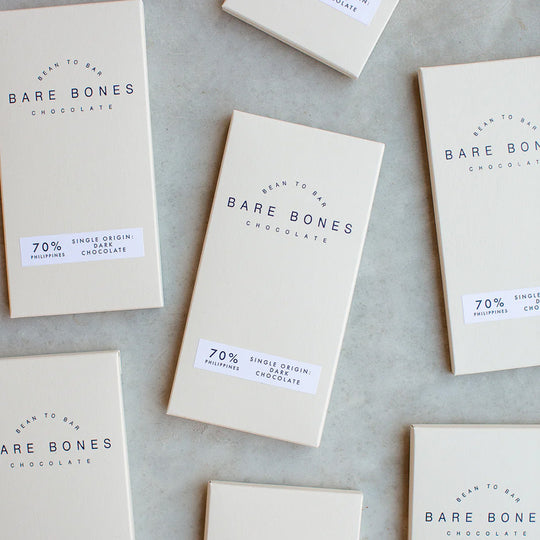 Single-origin Philippines 70% dark chocolate with taste notes of pecan pie and crème brûlée from Bare Bones Chocolate