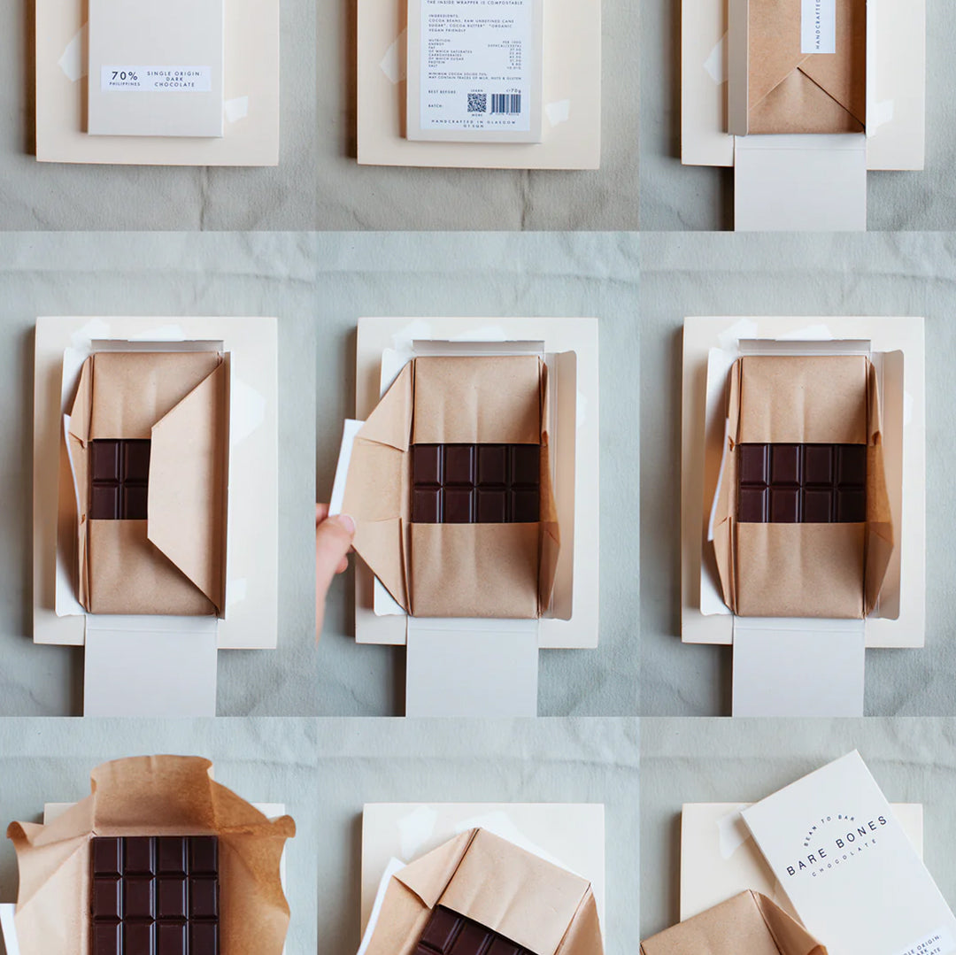 Single-origin Philippines 70% dark chocolate with taste notes of pecan pie and crème brûlée from Bare Bones Chocolate