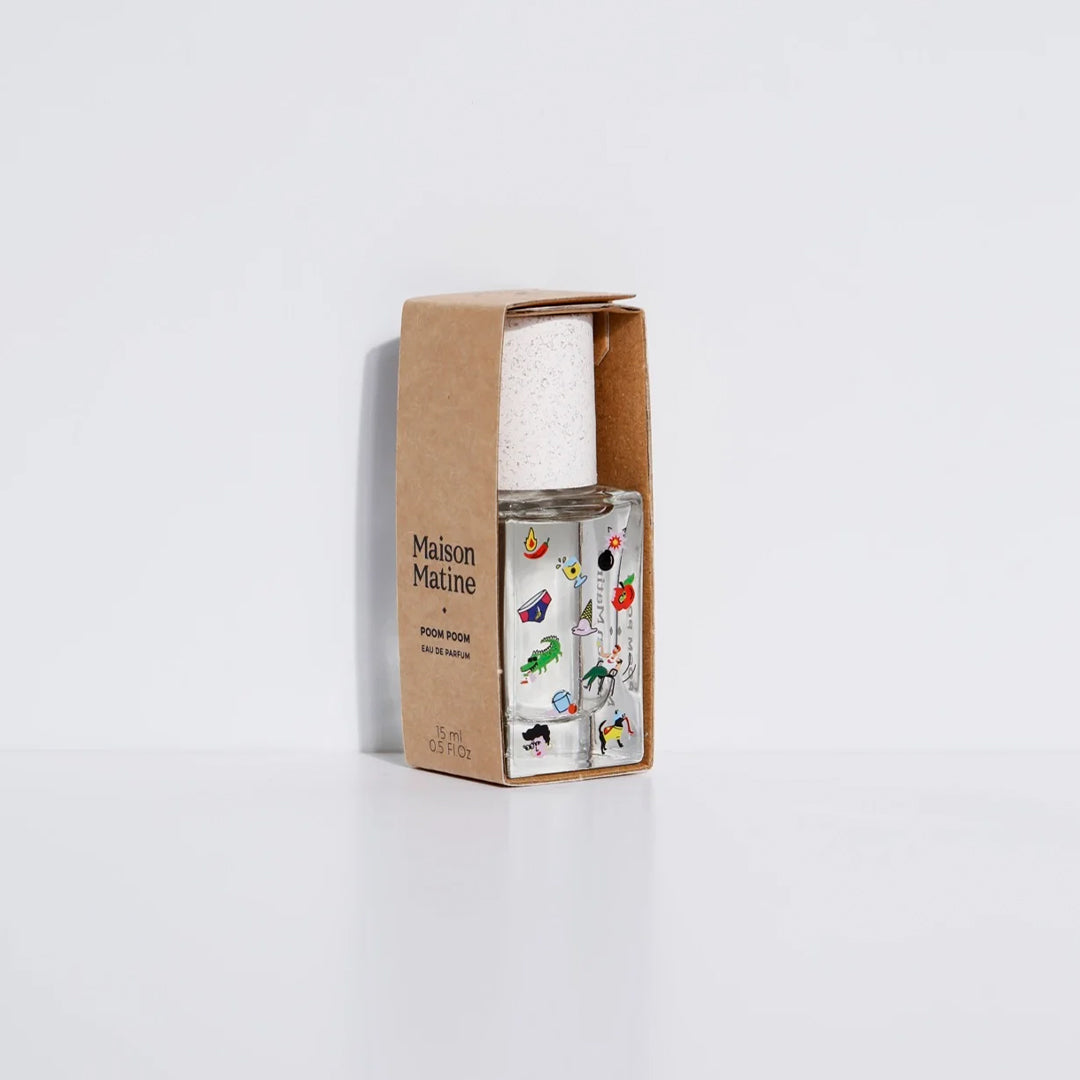 Maison Matine's 'Poom Poom' is a scent that is a carefree ode to life itself... floral, woody, musky and happy! The perfume comes in a beautiful illustrative bottle. 15ml bottle with cardboard sleeve. Illustrated with cartoon-style imagery.
