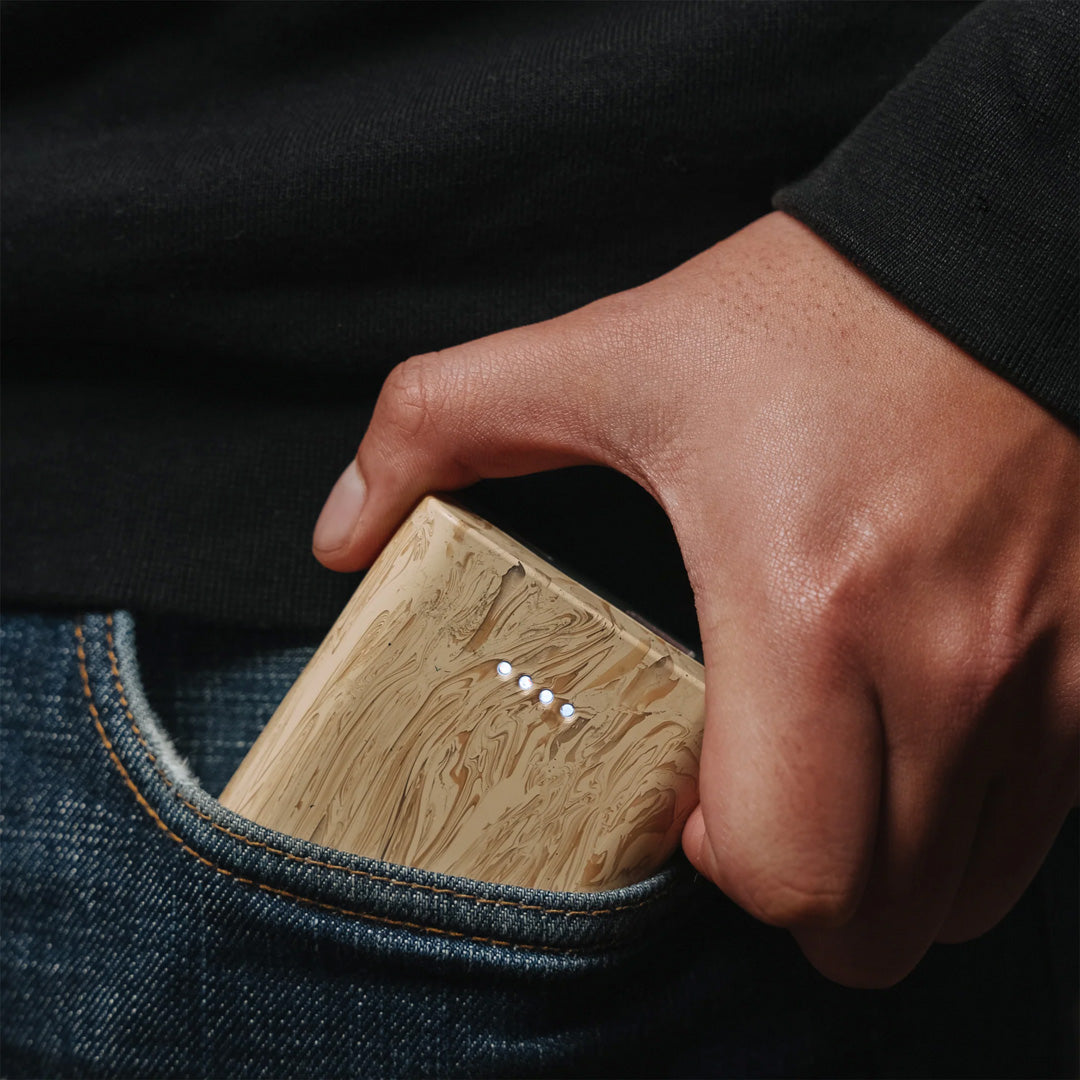 The Gomi 10000 mAh Power Bank is a powerful UK made device charger that is entirely made from re-purposed and recycled materials. 