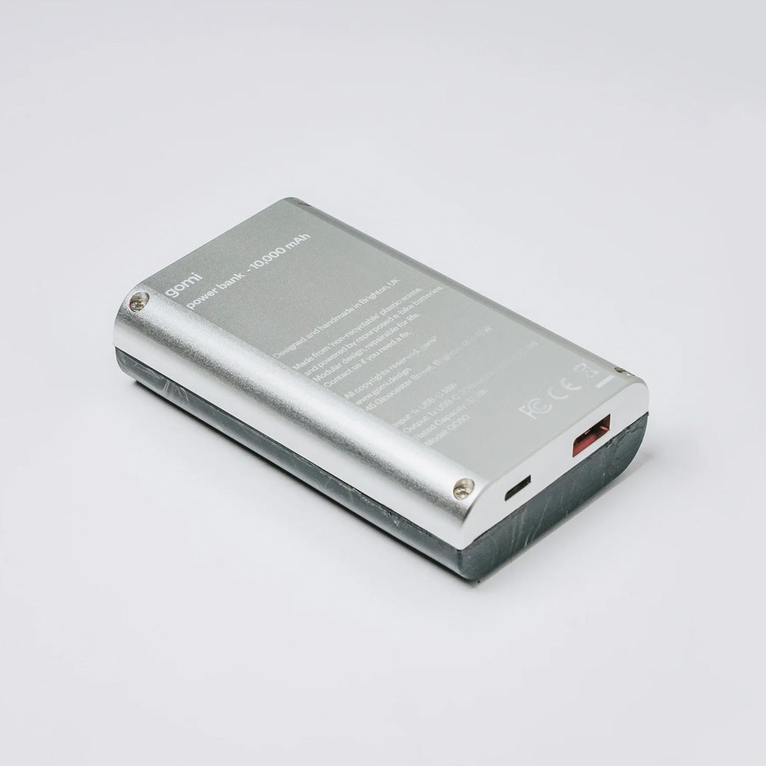 The Gomi 10000 mAh Power Bank is a powerful UK made device charger that is entirely made from re-purposed and recycled materials. 