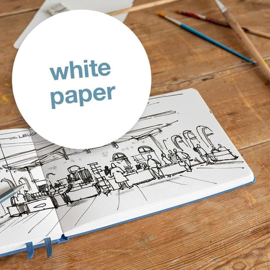 Medium Sketchbook features 112 pages of white acid-free paper for drawing, each with a gusseted pocket and a page marker.