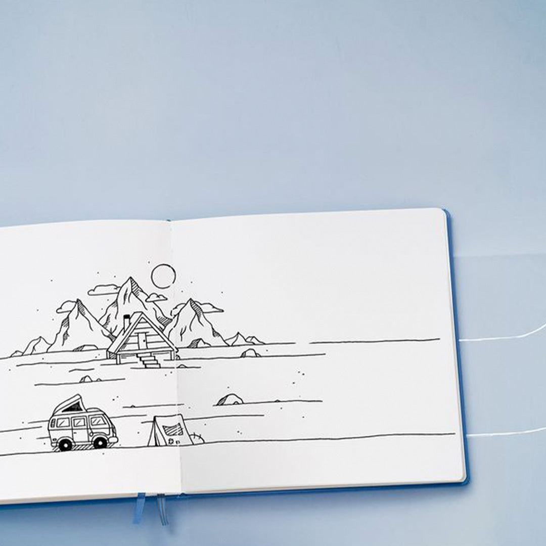 Medium Sketchbook features 112 pages of white acid-free paper for drawing, each with a gusseted pocket and a page marker.