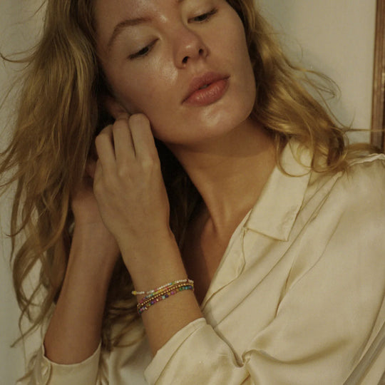 The Anni Lu Slim Goldie bracelet is a versatile piece of jewellery that offers a classic look when worn alone and layers with other pieces