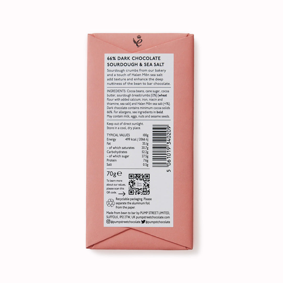 A unique combination of two signature (and favourite) products: dark chocolate and sourdough. The sourdough crumbs from the bakery and a touch of Halen Môn sea salt add crunch and a smooth, malty flavour to the Ecuadorian chocolate.