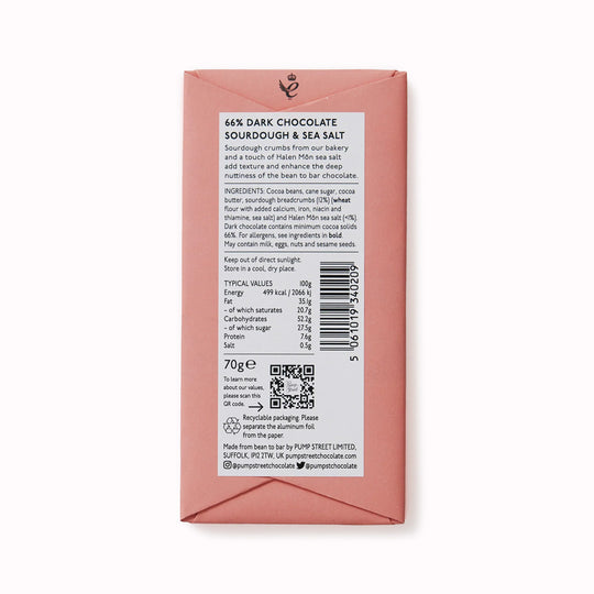 A unique combination of two signature (and favourite) products: dark chocolate and sourdough. The sourdough crumbs from the bakery and a touch of Halen Môn sea salt add crunch and a smooth, malty flavour to the Ecuadorian chocolate.