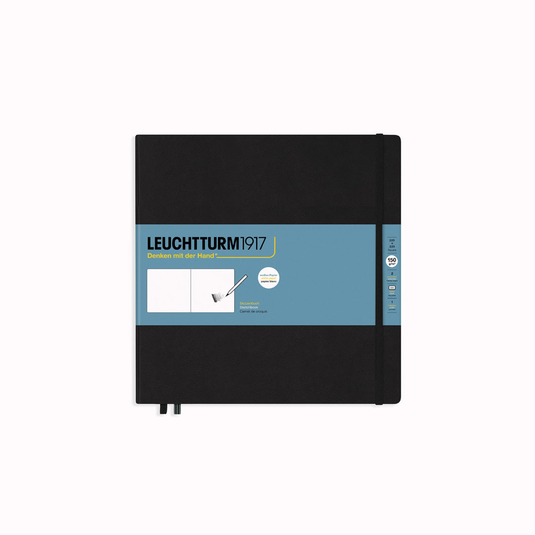 This Black Square Sketchbook features 112 pages of white acid-free paper for drawing, each with a gusseted pocket and a page marker.