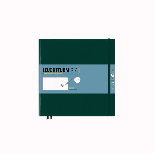 This Green Square Sketchbook features 112 pages of white acid-free paper for drawing, each with a gusseted pocket and a page marker.