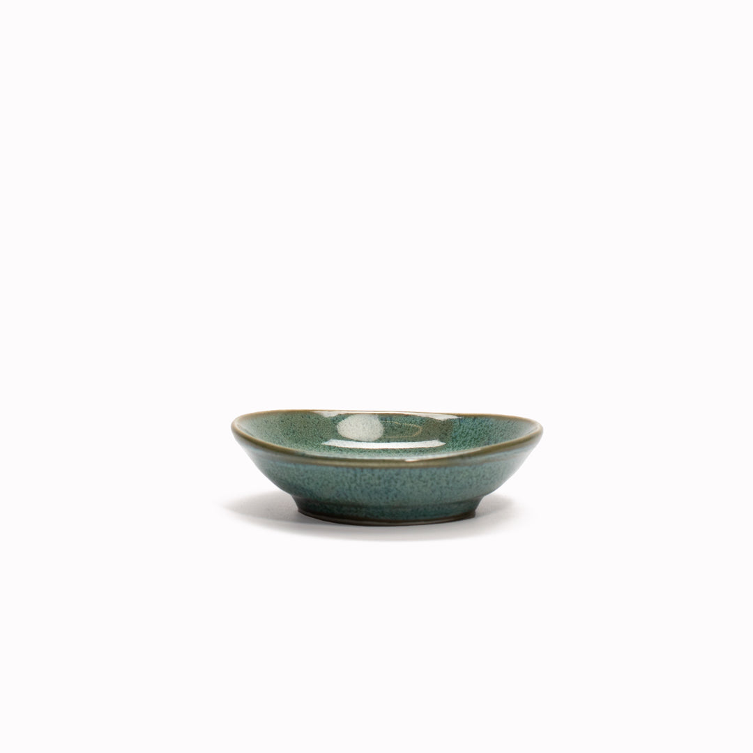 Peacock Table Sauce Dish from Made in Japan, approximately 8cm wide in a rustic teal glaze - perfect for dipping sauces.  Side ViewPeacock Table Sauce Dish from Made in Japan, approximately 8cm wide in a rustic warm brown glaze - perfect for dipping sauces.