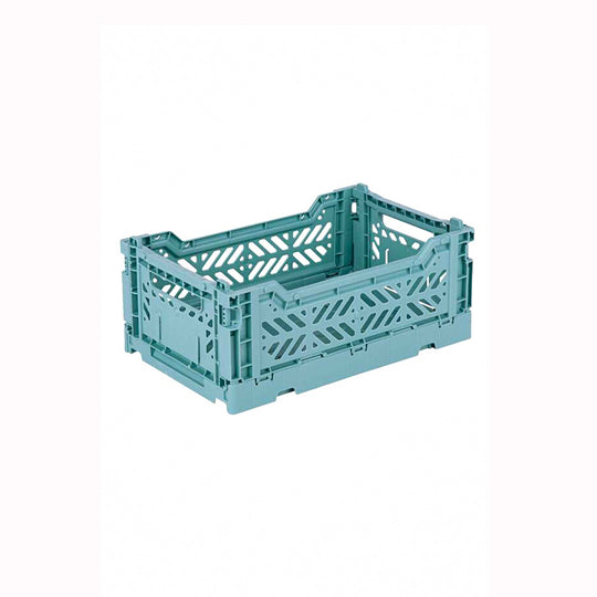 Teal Mini Folding Crate from Aykasa. This crate is made from 100% recyclable material and can be folded flat when not in use. It's perfect for holding books, toys, clothes, or anything else you want to organise. 