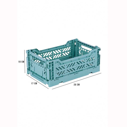 Teal Mini Folding Crate with dimensions from Aykasa. This crate is made from 100% recyclable material and can be folded flat when not in use. It's perfect for holding books, toys, clothes, or anything else you want to organise. 