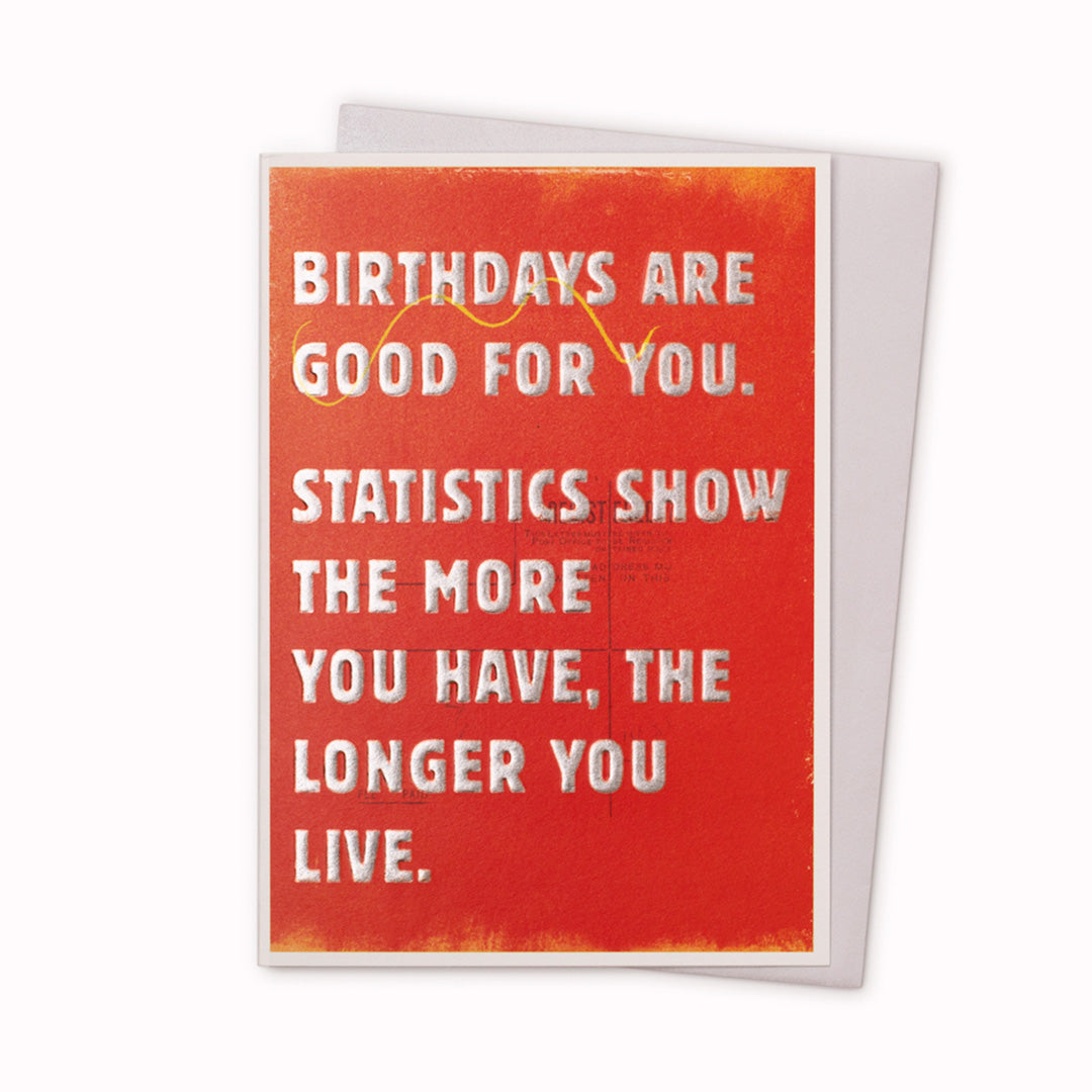 Funny typographic card featuring bold type on a painterly background. Perfect for the birthday of someone young at heart. Deliberately left blank inside for your own personal message, whether for a birthday or 'just because'.