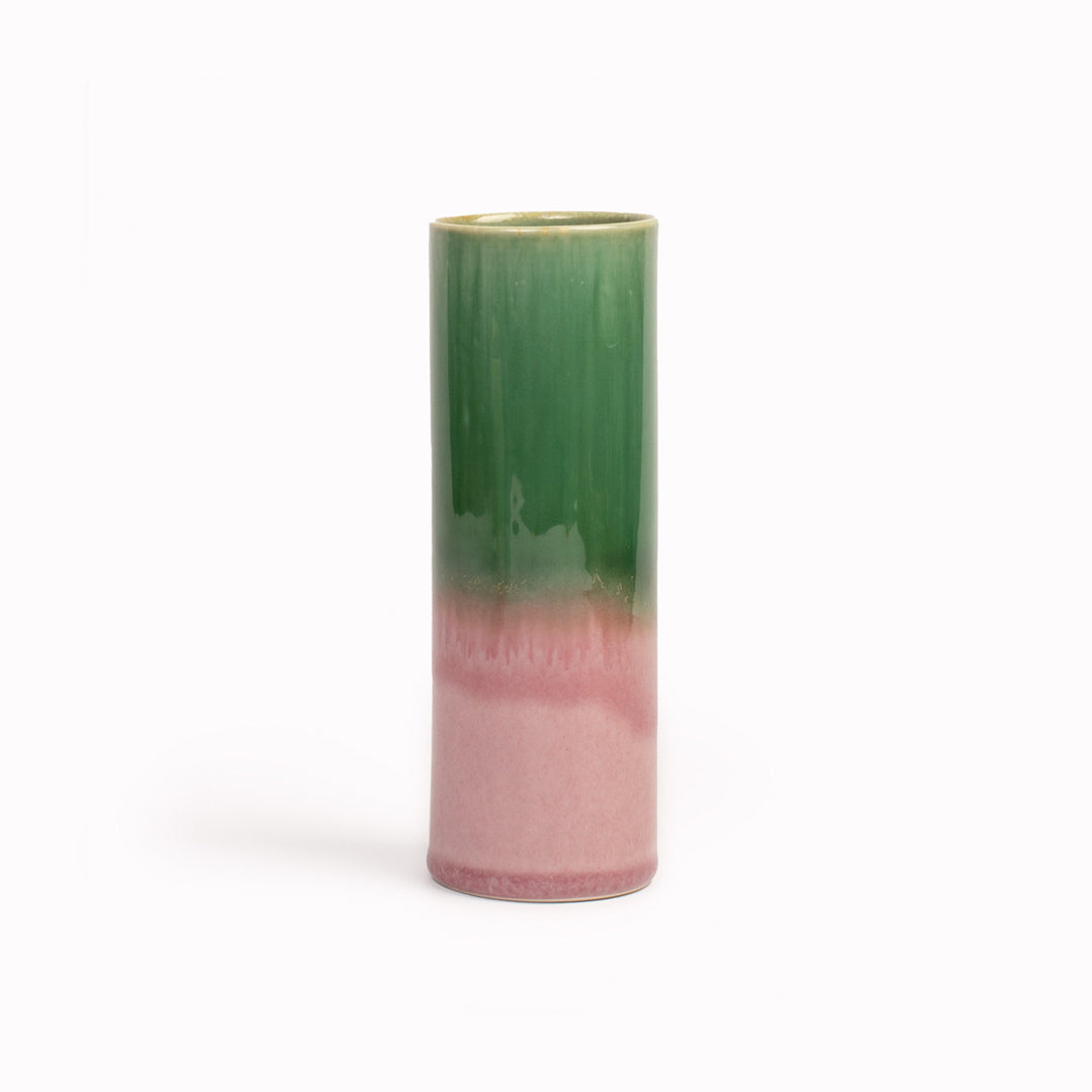 Hand Glazed Cylinder Vase | Green+Pink