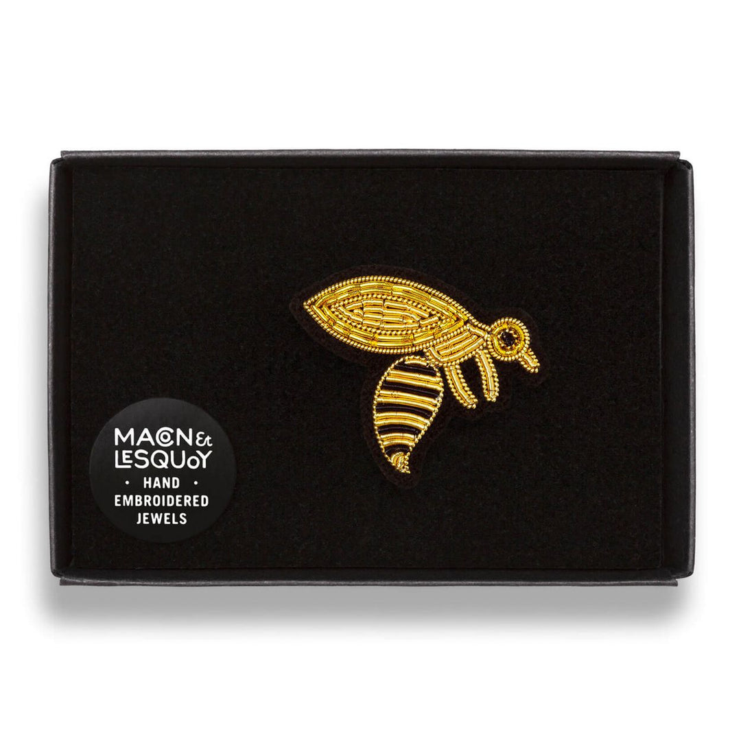In Presentation Box. Hand embroidered Bee decorative lapel pin by Paris based Macon et Lesquoy - personalise your favourite garments to define your individual style.