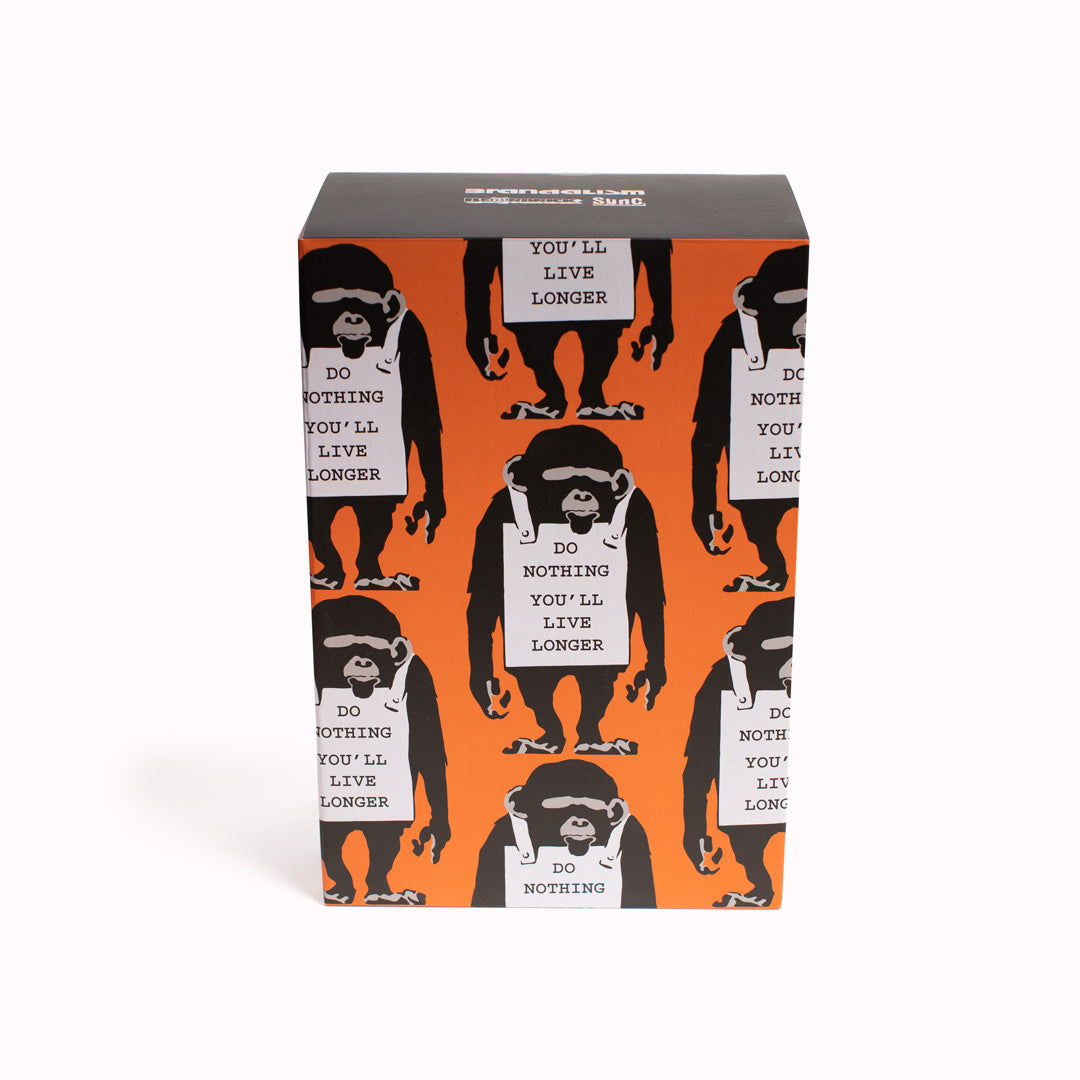 Box for the Bearbrick 400% and 100% with Monkey Sign stencil art by Banksy. From the Designer Art Toy Collection from Medicom
