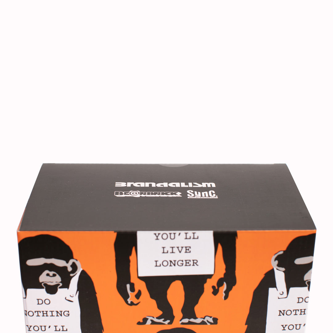Box Detail for the Bearbrick 400% and 100% with Monkey Sign stencil art by Banksy. From the Designer Art Toy Collection from Medicom