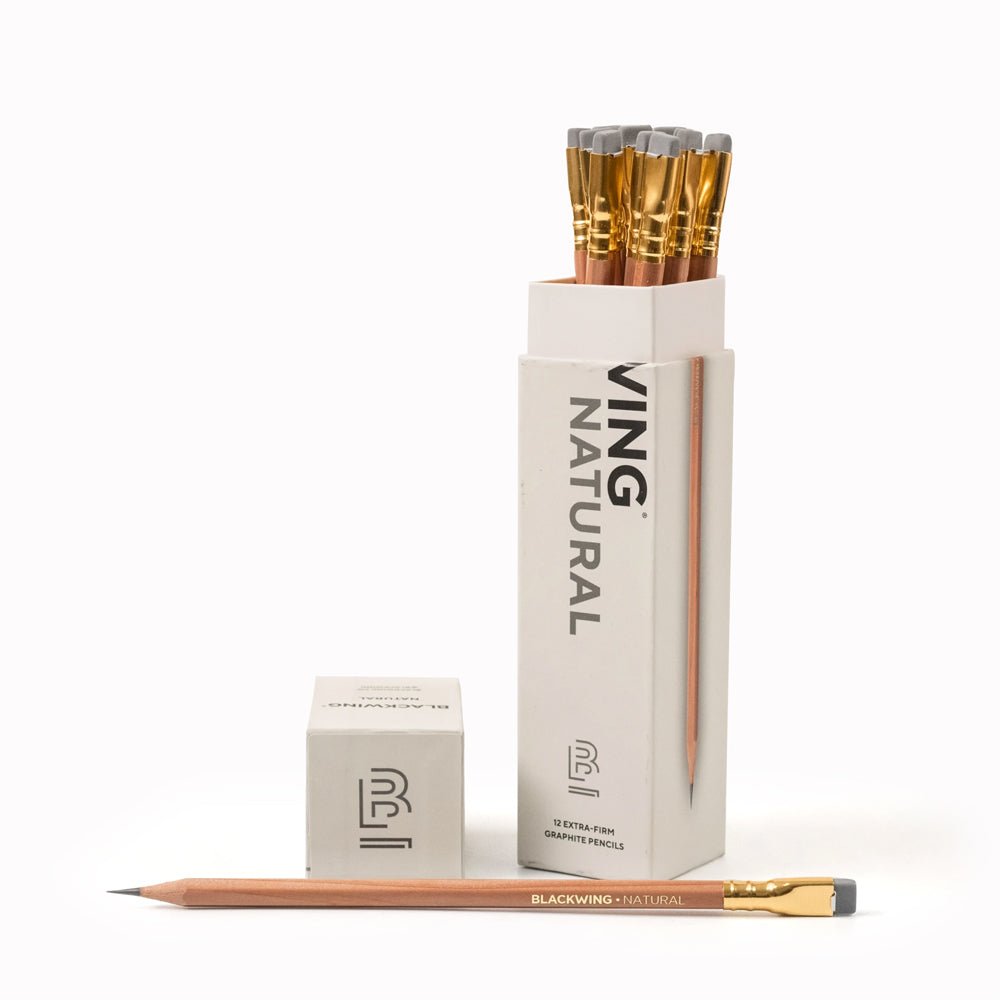 Box set of Blackwing Natural featuring an exposed incense-cedar barrel with a subtle clear matte finish and extra-firm graphite that works well for extended writing and detailed line work.