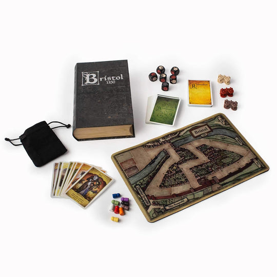 The dreaded Black Death has descended upon the town of Bristol. In the Bristol 1350 board game  you are racing down the streets in one of the three available apple carts, desperate to escape into the safety of the countryside. If your cart is the first to leave the town and it is full of only healthy villagers when you leave, you and your fellow cart-mates successfully escape and win the game!
