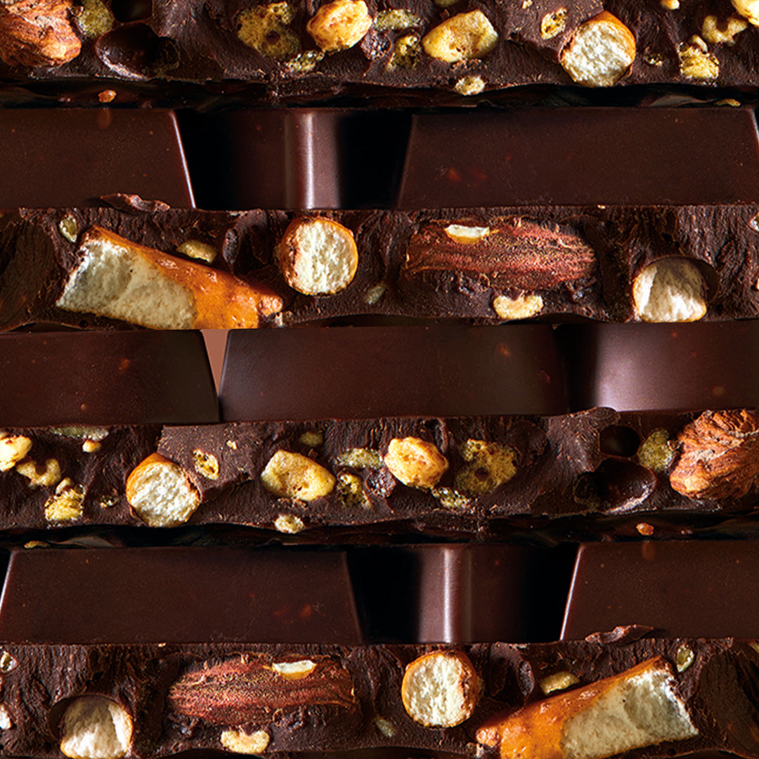 Home Run Detail from Fatso is an homage to a classic baseball snack staple. Starting with 60% Dark Single Origin Colombian Chocolate and then adding salted pretzel, whole almonds and honeycomb into the mix. Yum!