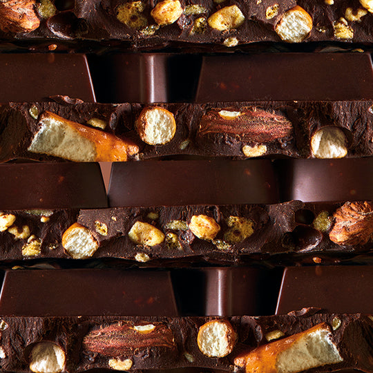 Home Run Detail from Fatso is an homage to a classic baseball snack staple. Starting with 60% Dark Single Origin Colombian Chocolate and then adding salted pretzel, whole almonds and honeycomb into the mix. Yum!