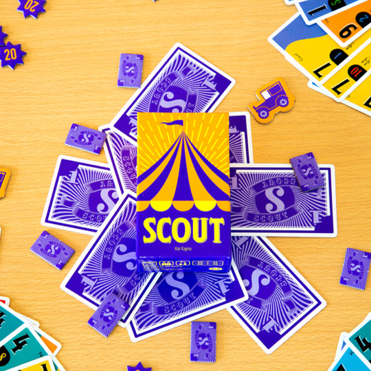 Scout box contents from Oink Games Japan on a table top