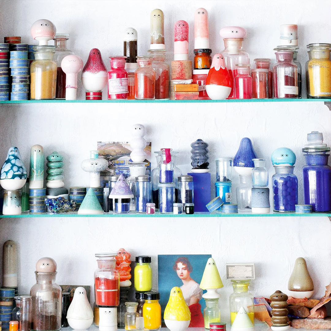 Japanese Inspired Ceramic Figurines on Shelf from Studio Arhoj