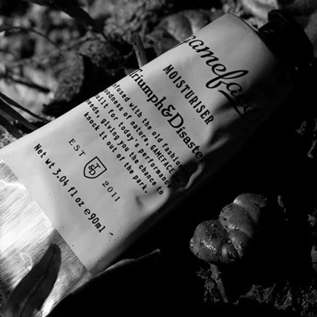 Specifically engineered to be light on the skin and easily absorbed, Gameface moisturiser from Triumph and Disaster will leave your skin feeling toned and fresh. tube pictured outside