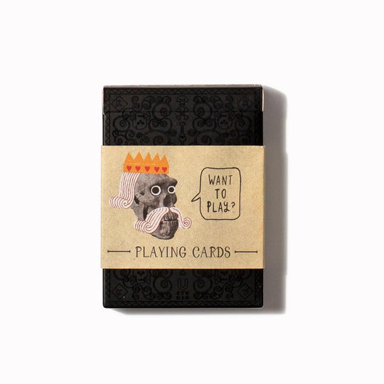 Deck of 52 standard playing cards illustrated with characterful friendly skulls by Ustudio.