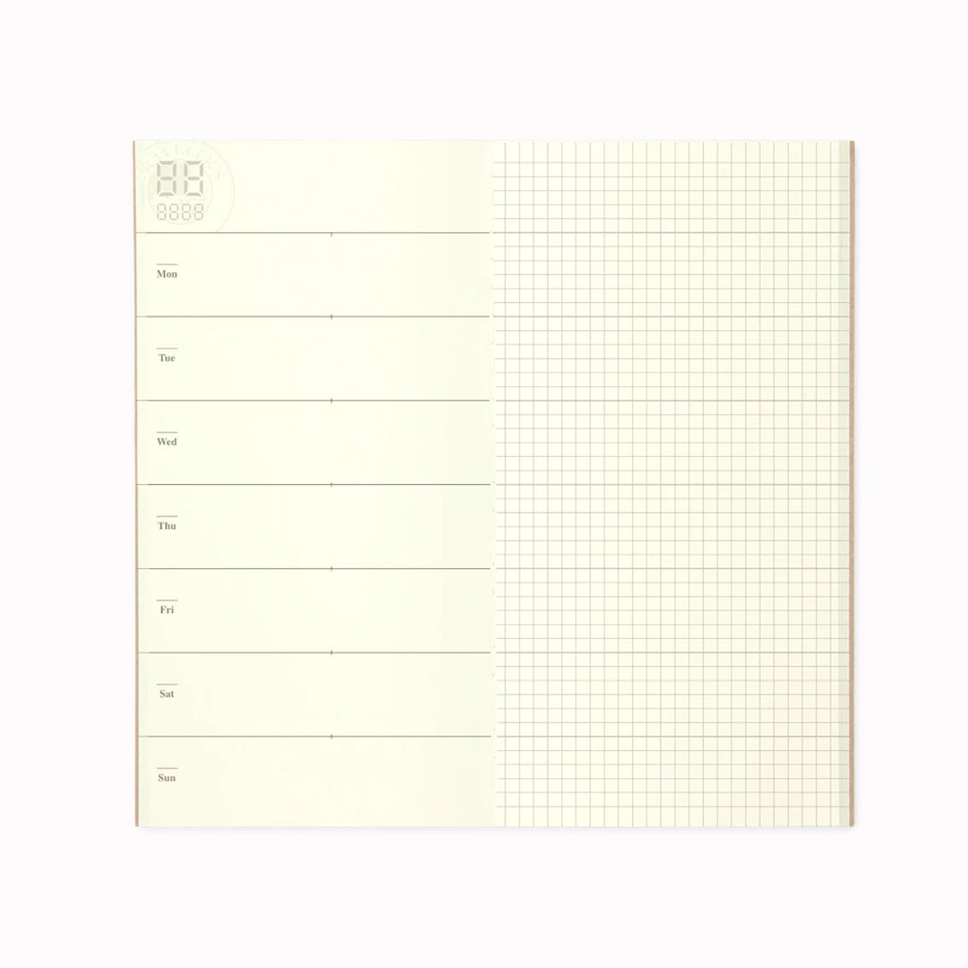 A clean, flexible insert designed for those who want structure without rigidity. This weekly + grid refill splits each spread: planning on the left, open grid for notes, sketches or overflow on the right.