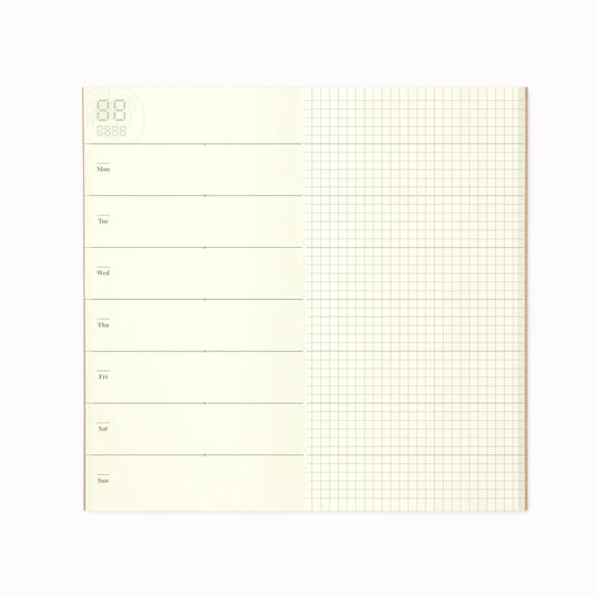 A clean, flexible insert designed for those who want structure without rigidity. This weekly + grid refill splits each spread: planning on the left, open grid for notes, sketches or overflow on the right.