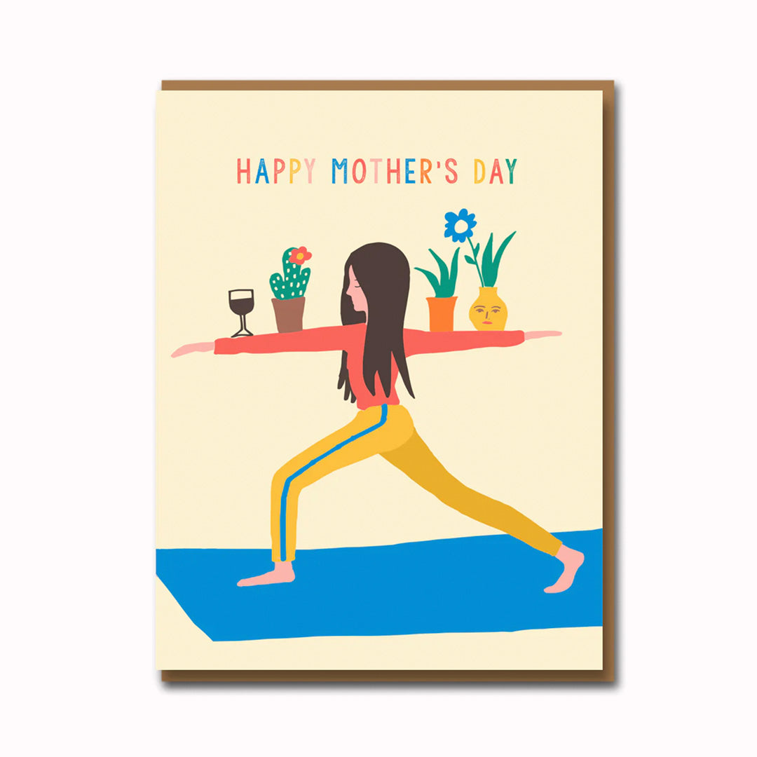Simple and cute Mother's Day card of a yoga mum on a mat, playfully illustrated by one half of the 1973 team Emma Cooter. Using a stunning and bright 8-colour palette that really showcases her love of illustration and design. Published by 1973.
