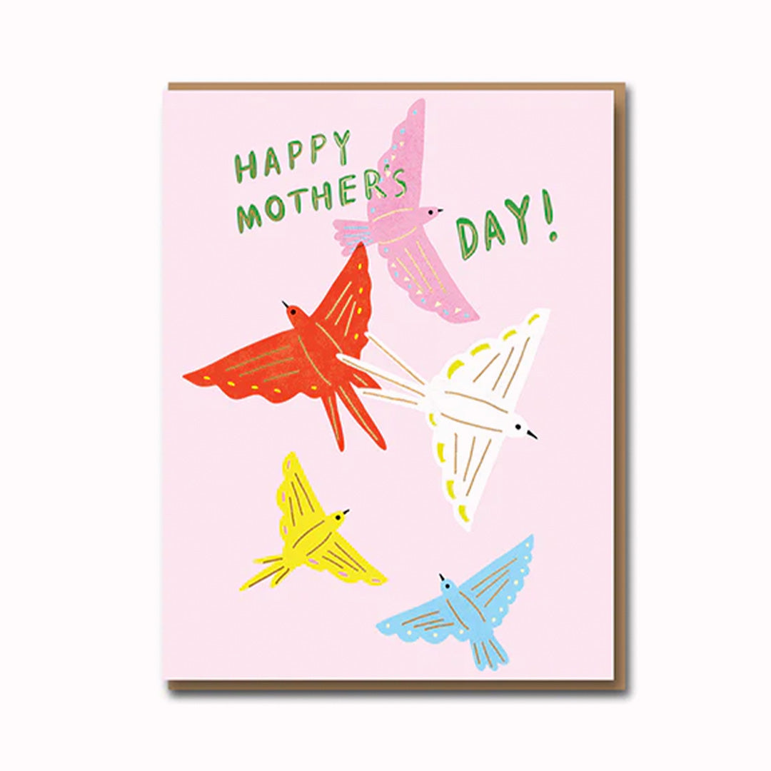Cute and quirky Mother's Day card, of colourful paper birds, playfully illustrated by Carolyn Suzuki. Published by 1973.