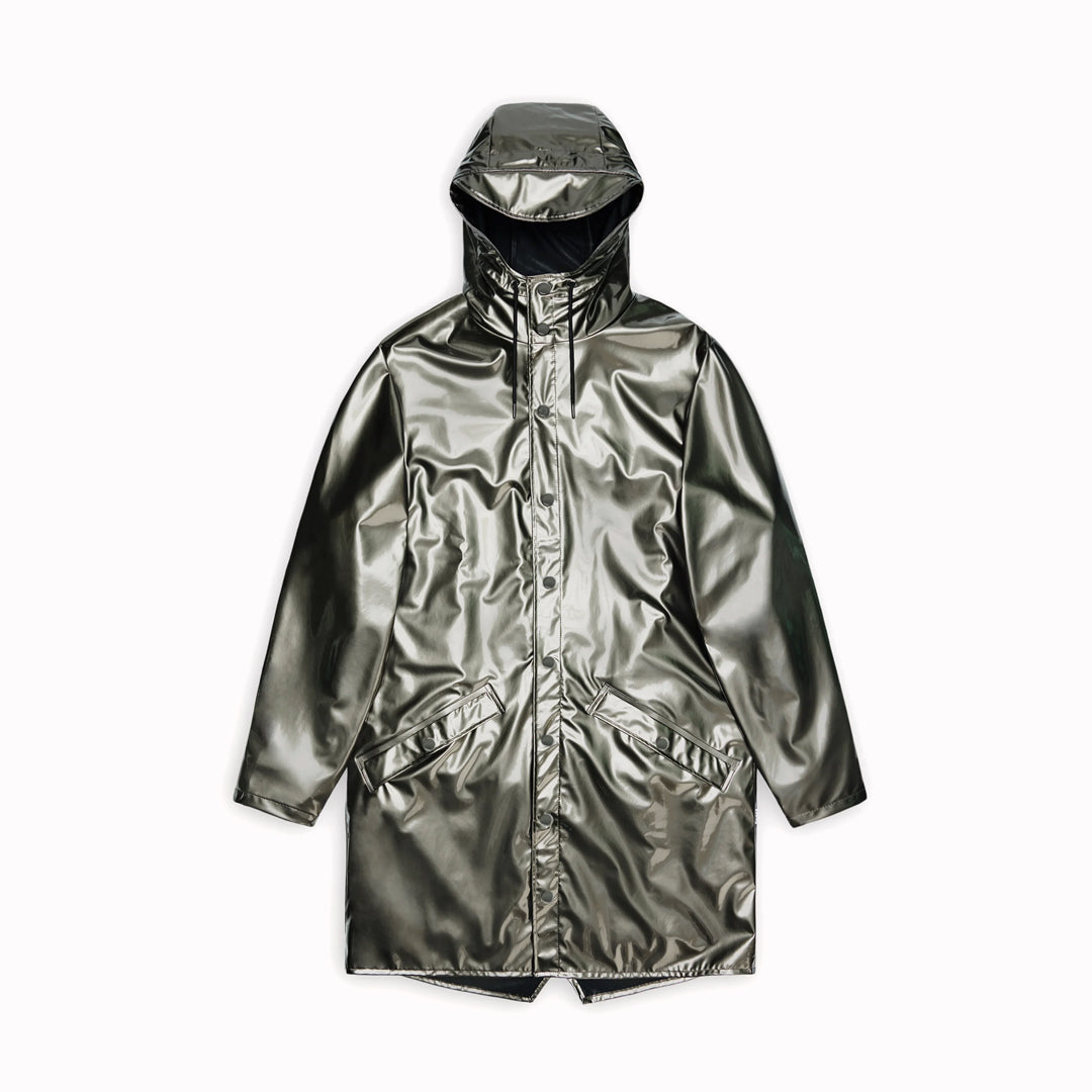 Raven - This rain jacket is a long version of Rains' classic rain jacket, it features a placket with snap fastenings for closure, hood with built-in cap and two side pockets with snaps. Sleeves are finished with snaps making them adjustable for a loose or tight fit.