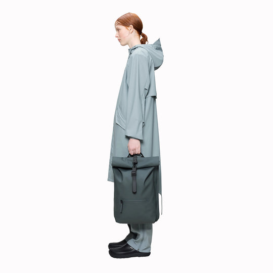 Rolltop Rucksack is Rains’ take on a cycling backpack. Made from Rains’ signature waterproof fabric, this functional backpack has a roll-top closure with an adjustable strap featuring a loop for a bike lock or similar